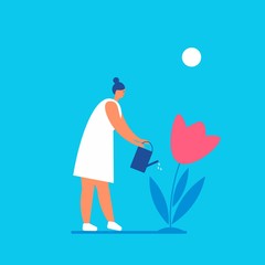 Gardening. Woman watering flower in sunny day. Colorful vector illustration