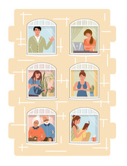 Smiling people do different pleasant things at home. People stay home to protect from viruses. People staying by the window. Social isolation. Vector illustration drawing in flat style