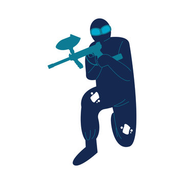 Man in special protective costume and mask playing paintball vector illustration