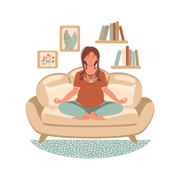 Young pregnant woman meditating and sitting in lotus at home in modern interior. Home activity. Stay home concept. Illustration for yoga, meditation and healthy lifestyle. Vector flat illustration