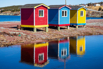 Fototapeta na wymiar Multicolored Newfoundland and Labrador fishing sheds. A must stop for tourist.