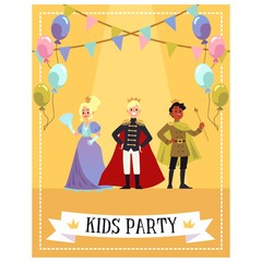 Party banner with kids dressed as kings and princesses flat vector illustration.