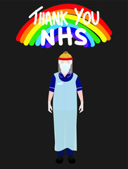 Thank you NHS rainbow vector with a nurse wearing personal protective equipment