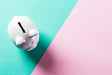 Saving money, Business Finance concept. Cute white piggy bank on green and pink pastel  background.