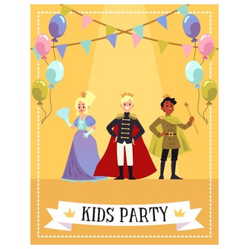 Party Banner With Kids Dressed As Kings And Princesses Flat Vector Illustration.