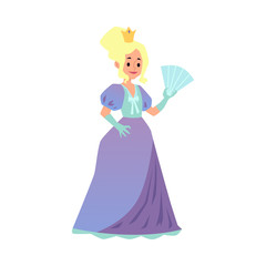 Princes or queen character in violet dress flat vector illustration isolated.