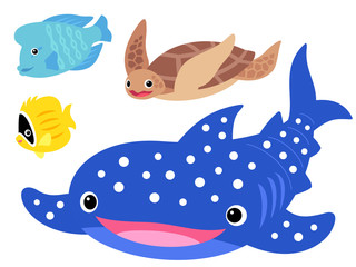 泳ぐジンベエザメと海の生き物のイラストセット