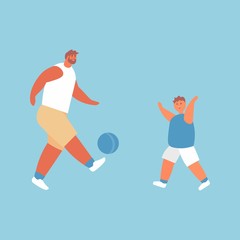 Father and son play football. Cartoon vector illustration