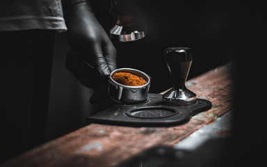Baristas make espresso at home. Manual Brewing Coffee