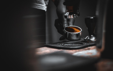 Baristas make espresso at home. Manual Brewing Coffee