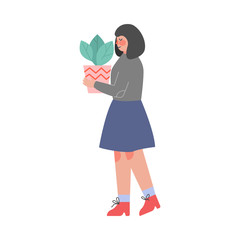 Woman Carrying Flowerpot with Green Plant, Girl Caring of Houseplant or Moving to Another Home Vector Illustration