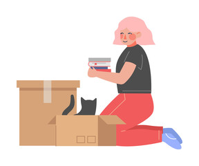 Young Woman Sitting on her Knees Packing or Unpacking Belongings in Cardboard Box, Guy Relocating to New Home Vector Illustration