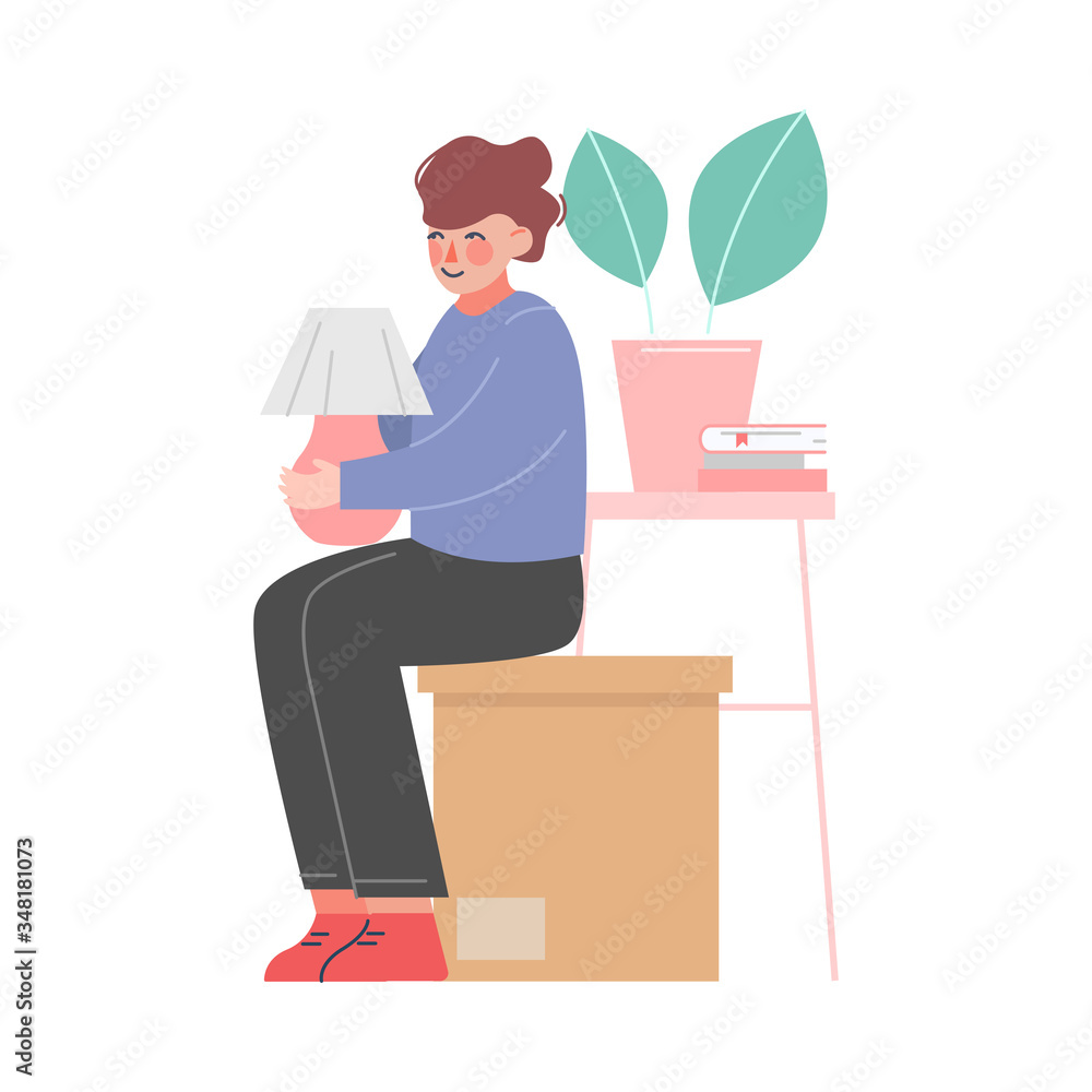 Sticker girl sitting on cardboard box, woman preparing for relocation, moving to new home vector illustratio