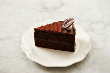 Piece of chocolate cake on plate