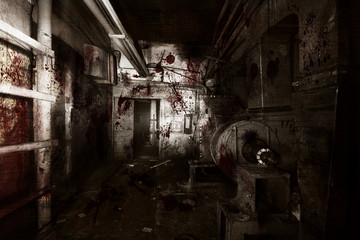 Terrible and bloody basement in an old abandoned house