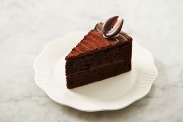 Piece of chocolate cake on plate