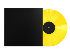 Yellow Vinyl Disc Record with Black Cover Sleeve and Black Label . 3D Render Isolated on White Background.