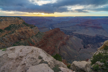 sunset at hopi point on the rim trail at the south rim of grand canyon in arizona, usa