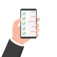 Green check list smartphone. Survey vector illustration. Green tick. Flat check list smartphone for web design. Customer service. Vector illustration.