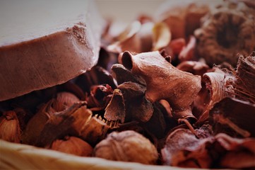 wooden sawdust soap and dried flowers