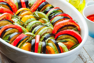 Vegetable ratatouille in ceramic frying pan