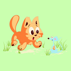 Funny little kitty and mouse vector character illustration