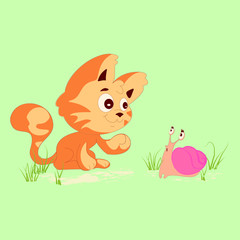 Cute little orange kitten and snail vector character illustration