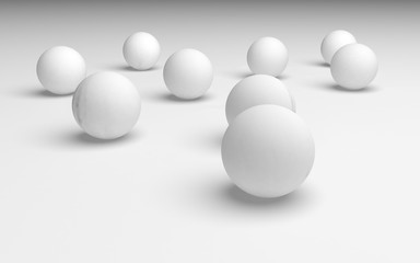 White abstract background. Set of white balls isolated on white backdrop. 3D illustration