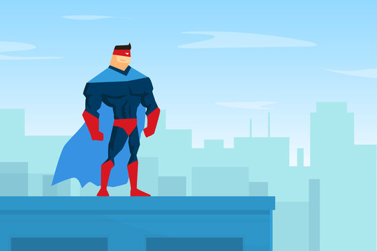 Brave Muscular Superhero Character in Blue Waving Cloak Standing on Top of Roof Vector Illustration