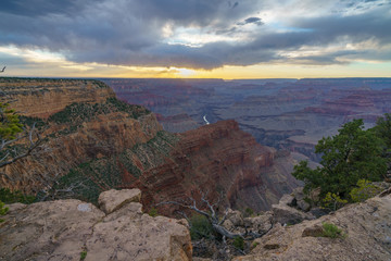 sunset at hopi point on the rim trail at the south rim of grand canyon in arizona, usa