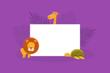 African Animals Holding White Empty Banner, Cute Giraffe, Lion and Turtle with Blank Sign Board Vector Illustration