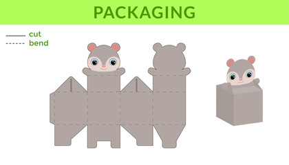 Adorable DIY party favor box for birthdays, baby showers with cute opossum for sweets, candies, small presents. Printable color scheme. Print, cut out, fold, glue. Vector stock illustration.