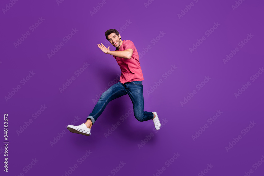 Canvas Prints full length profile photo of handsome attractive guy jumping high up running shopping center sale pr