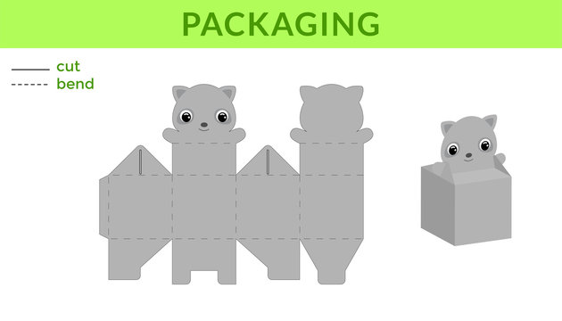 Adorable DIY party favor box for birthdays, baby showers with cute raccoon for sweets, candies, small presents. Printable color scheme. Print, cut out, fold, glue. Vector stock illustration.