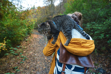 A girl walks through the autumn forest with a striped cat on her shoulder.