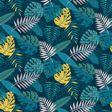 Seamless pattern of tropical leaves. Botanical vector background