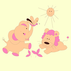 Fototapeta premium Funny little elephant and lion vector character illustration