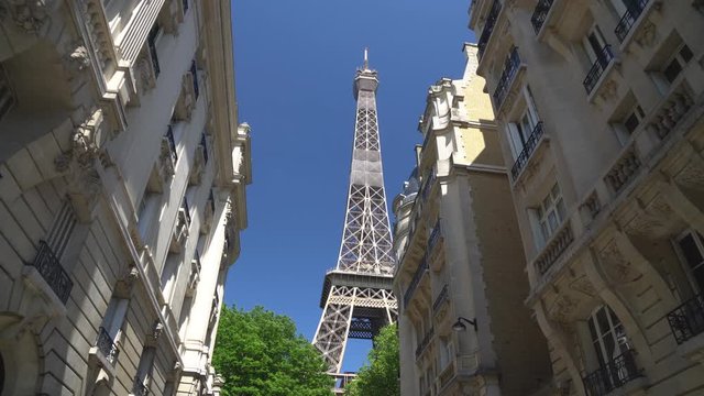 view of the Eiffel Tower from one of the many streets of Paris,