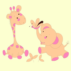 Funny little giraffe and elephant vector charactor illustration