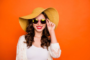 Photo of cheerful positive cute pretty nice charming girlfriend smiling toothily wearing glasses...