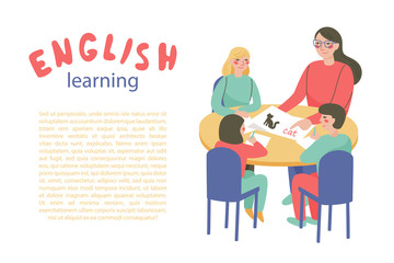 Teacher learning English for children. Group of preschool children and teacher sitting at table. Kids and woman in classroom studying. Colorful vector illustration in cartoon style.
