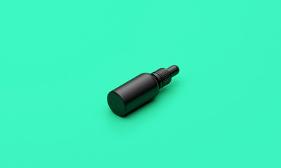 Black oil dropper bottle with blank label on a green background. 3D Render