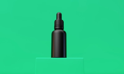 Black oil dropper bottle with blank label on a green background. 3D Render