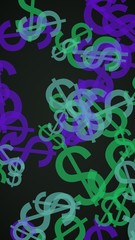 Multicolored translucent dollar signs on dark background. Green tones. 3D illustration