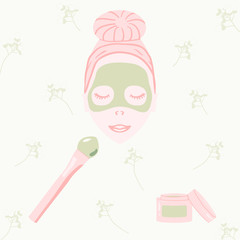 Home beauty routine. Hand drawn vector illustration with facial mask, cosmetic container and flowers in pink and green on light background. Can be used for fabrics, wallpapers, wrapping, decoration.