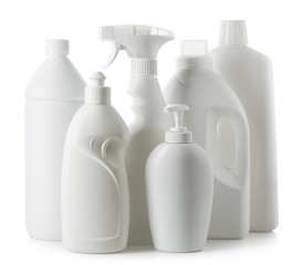Set of different plastic bottles of cleaning procucts
