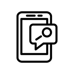 Smartphone or phone receiving message icon with research sign, vector icon in line art style on white background, explore, find, inspect symbol