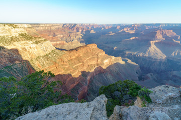 hiking the rim trail to mohave point at the south rim of grand canyon in arizona, usa