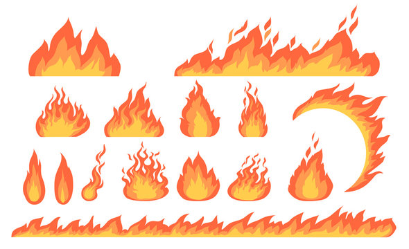 Cartoon fire flames flat vector collection. Cartoon car speed igniting symbol, campfire fiery silhouettes, hot blaze illustration set. Burning effects and bonfires concept