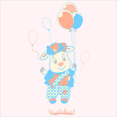 Funny little boy lamb and baloons vector character illustration